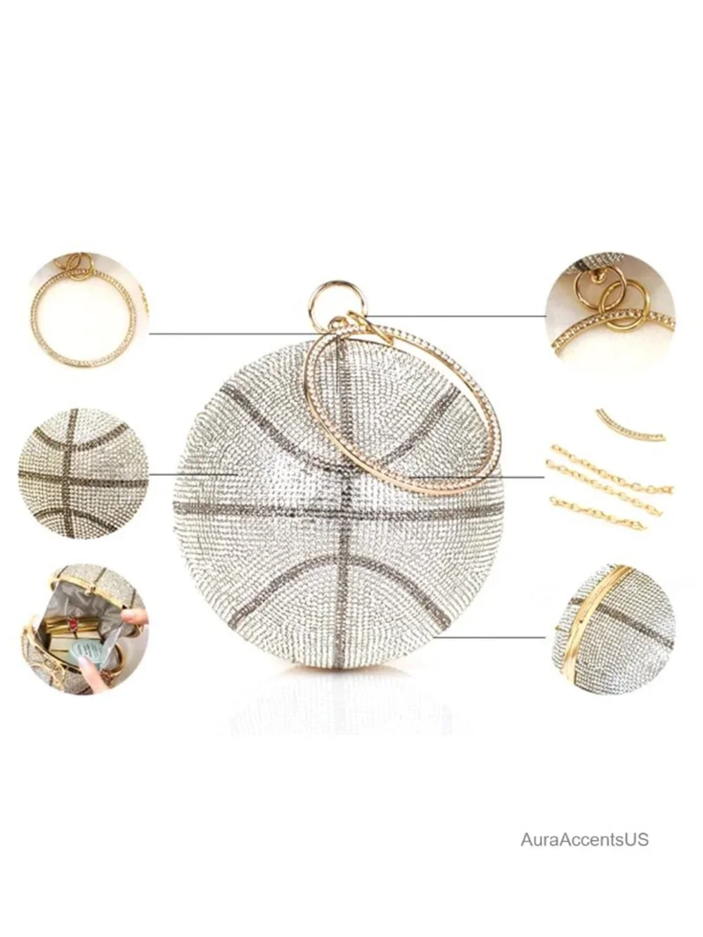 Basketball Shaped Rhinestone Evening Clutch Purse, Crystal Crossbody Bag Party